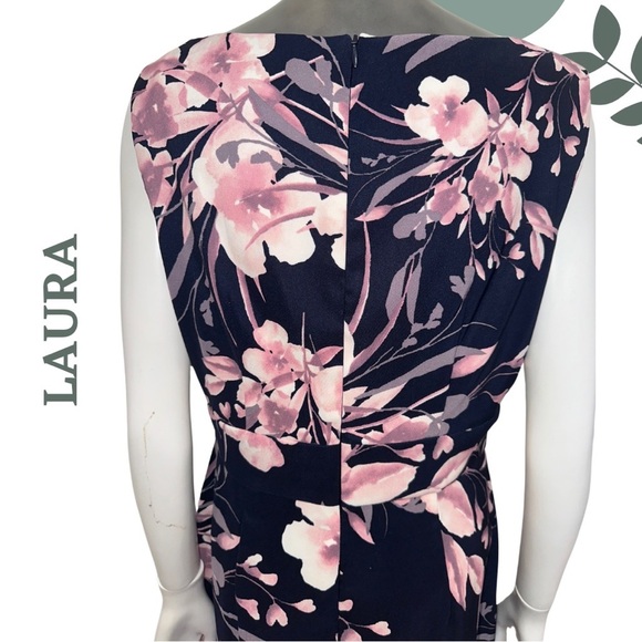 Laura Sleeveless Floral Print Dress Pink Navy Back Zipper Sheath Size 10 - Picture 5 of 6